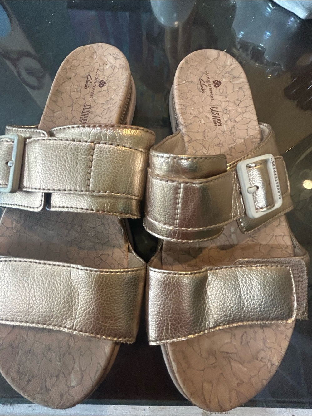 Gold Slide Sandals with Adjustable Velcro by Clark’s Cloudsteppers